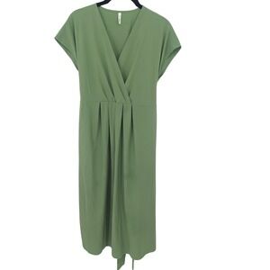 Halara Midi Dress Womens Small Green Faux Wrap Belted Pockets Athleisure Casual